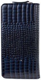 Большой лакированный женский кошелек из натуральной кожи с тиснением под крокодила Desisan 79925 синего цвета