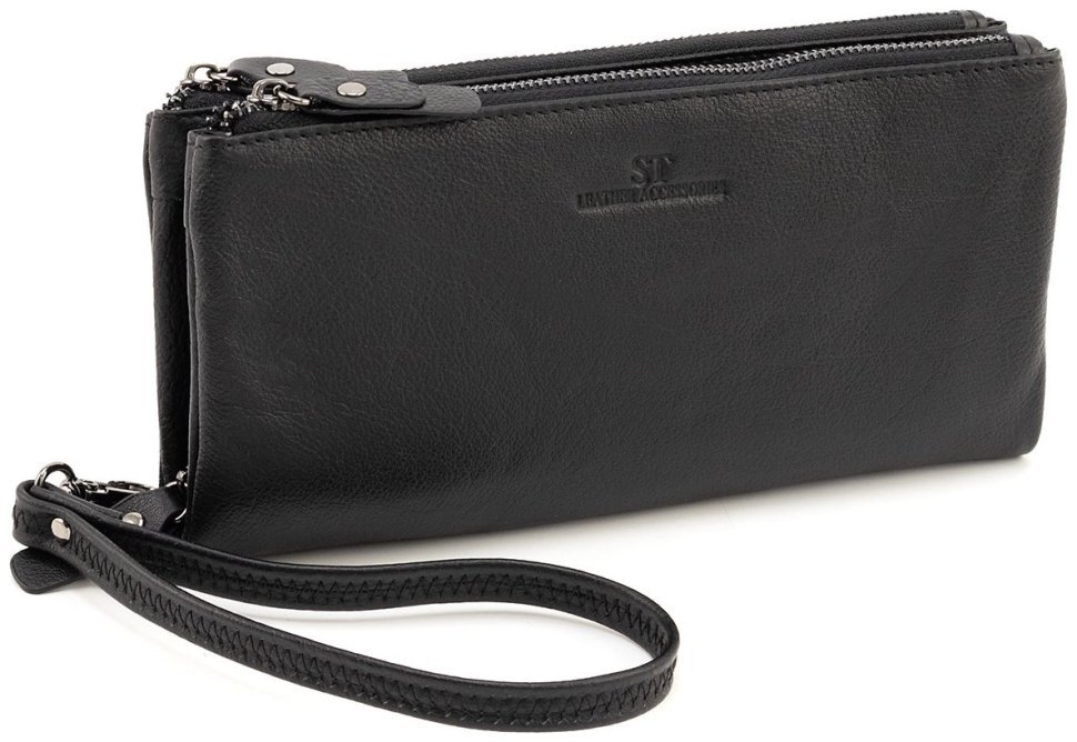 Женский кожаный клатч-кошелек черного цвета с ремешком на запястье ST Leather 90826 modnotak фото №1