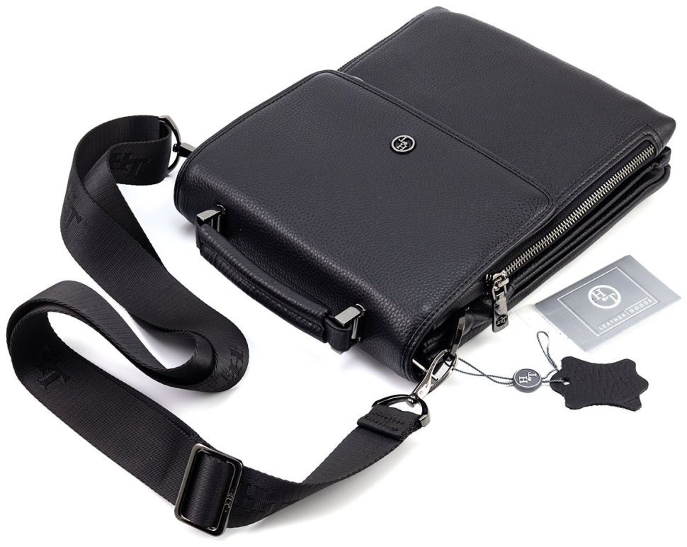 Мужская вертикальная кожаная сумка-барестка с ручкой и плечевым ремнем H.T Leather 111026 modnotak фото №5