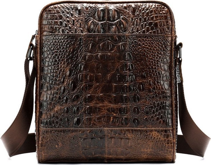 Вертикальна шкіряна сумка коричневого кольору з фактурою під крокодила VINTAGE STYLE (14710)