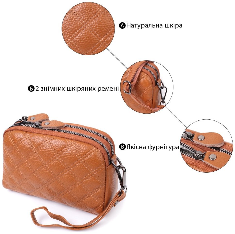 Кожаная женская сумка с ромбовидной строчкой Vintage 22809 Рыжий modnotak фото №4