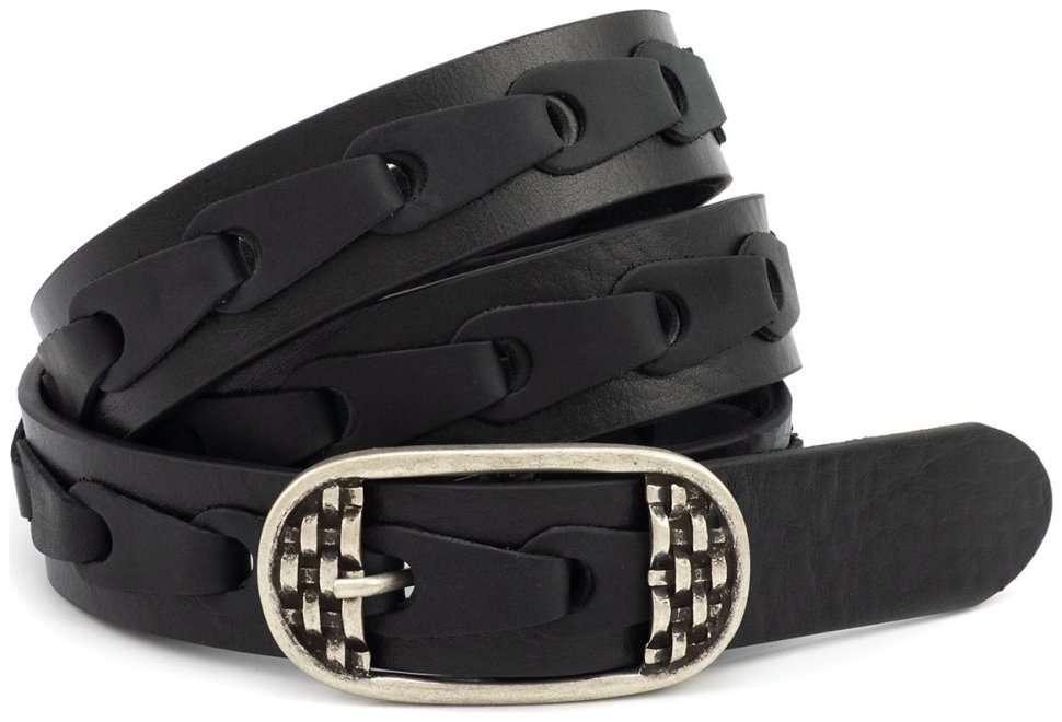 Женский ремень из итальянской комбинированной кожи гладкой и крейзи Gherardini 35313 черный modnotak фото №1