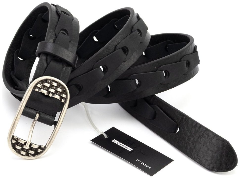 Женский ремень из итальянской комбинированной кожи гладкой и крейзи Gherardini 35313 черный modnotak фото №4