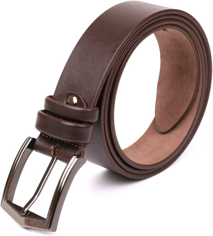 Универсальный мужской кожаный ремень коричневого цвета с стильной пряжкой SHVIGEL 2417304