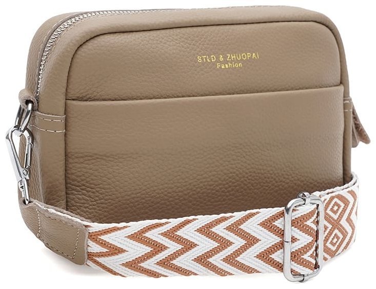 Стильная женская сумка на 1 отделение из кожи флотар с текстильным ремнем Borsa Leather 104526 бежевая modnotak фото №1