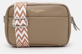 Стильна жіноча сумка на 1 відділення зі шкіри флотар з текстильним ременем Borsa Leather 104526 бежева