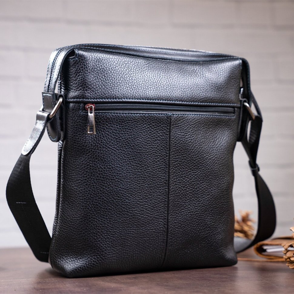 Черная мужская сумка-планшет среднего размера из фактурной кожи с плечевым ремнем SHVIGEL (2411122)