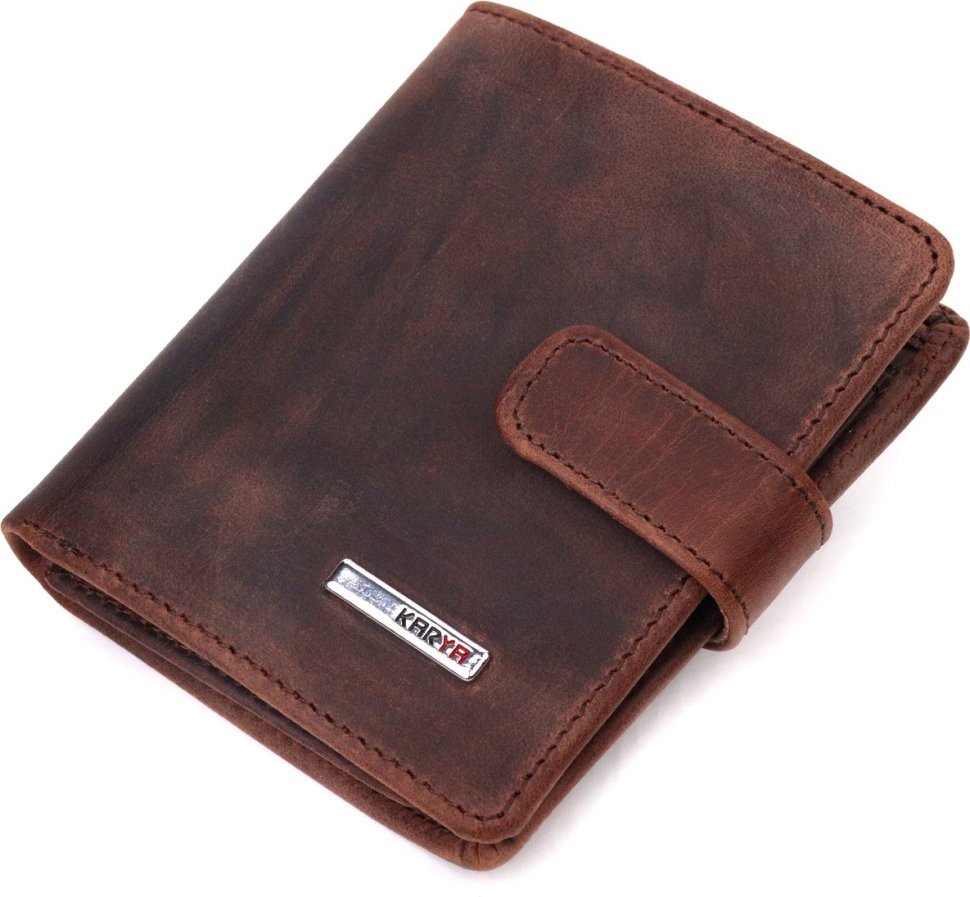 Компактний чоловічий гаманець темно-коричневого кольору із добротної вінтажної шкіри KARYA (2421328)