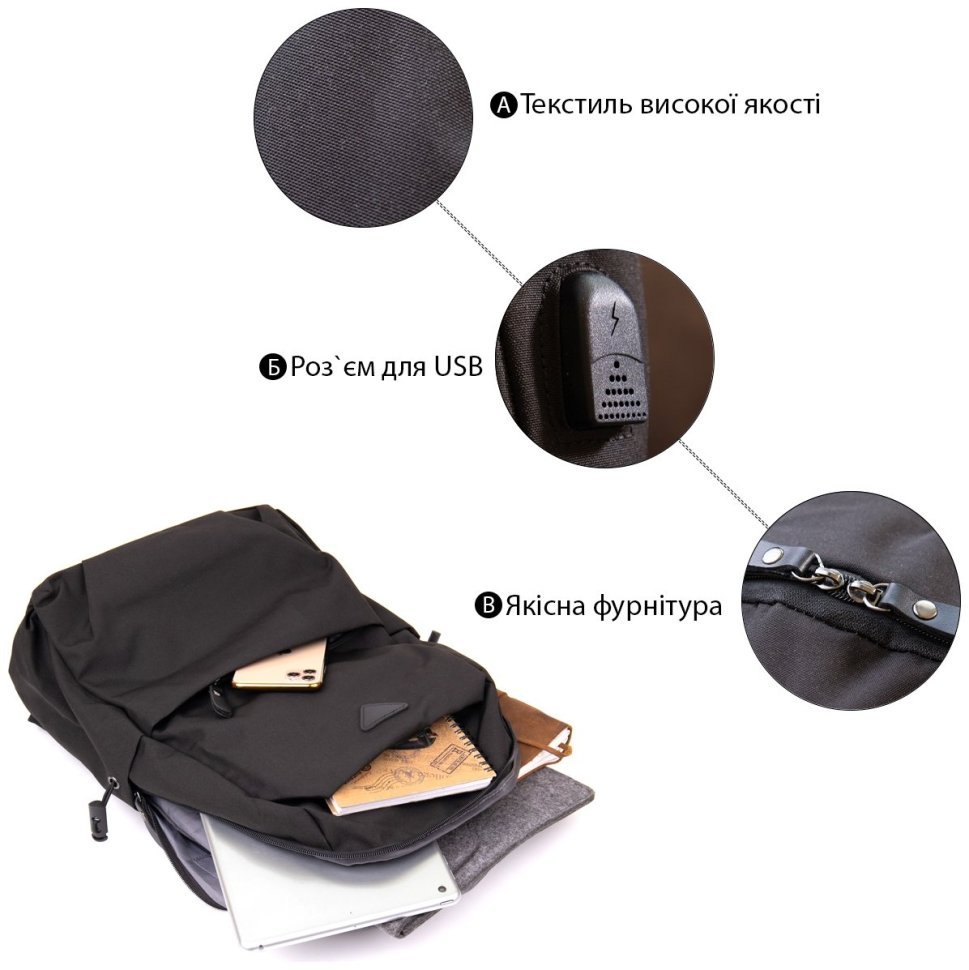 Черный повседневный текстильный рюкзак с отделом под ноутбук Vintage (20622) modnotak фото №11