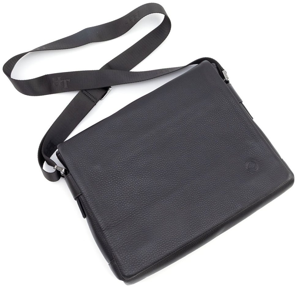 Горизонтальная кожаная сумка мессенджер формата А4 - H.T Leather 107926 черная modnotak фото №7
