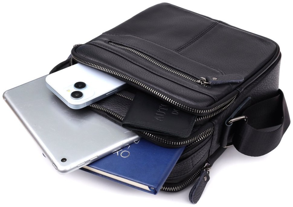 Мужская вертикальная сумка барсетка из натуральной кожи через плечо Vintage 98126 черного цвета modnotak фото №8