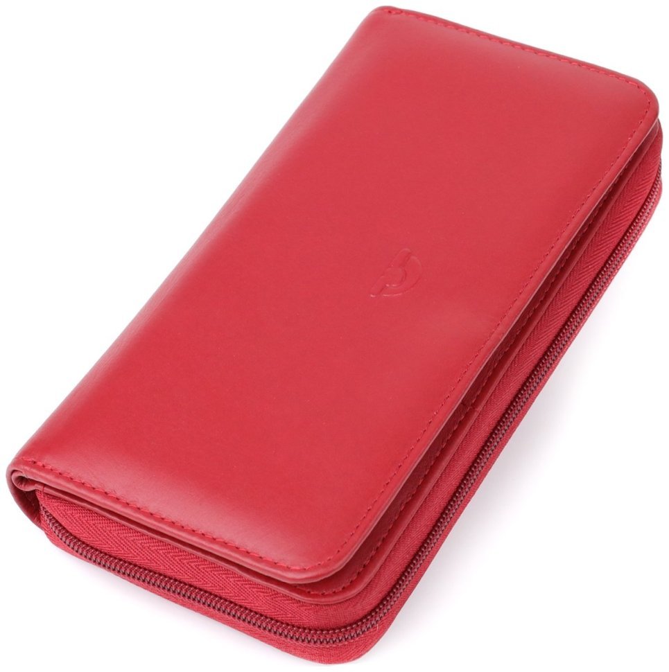 Большой кожаный кошелек для женщин с отделением для карточек на кнопке и для купюр на молнии Tony Perotti красного цвета 108526 modnotak фото №1