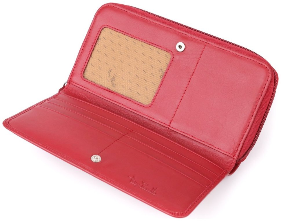 Большой кожаный кошелек для женщин с отделением для карточек на кнопке и для купюр на молнии Tony Perotti красного цвета 108526 modnotak фото №5