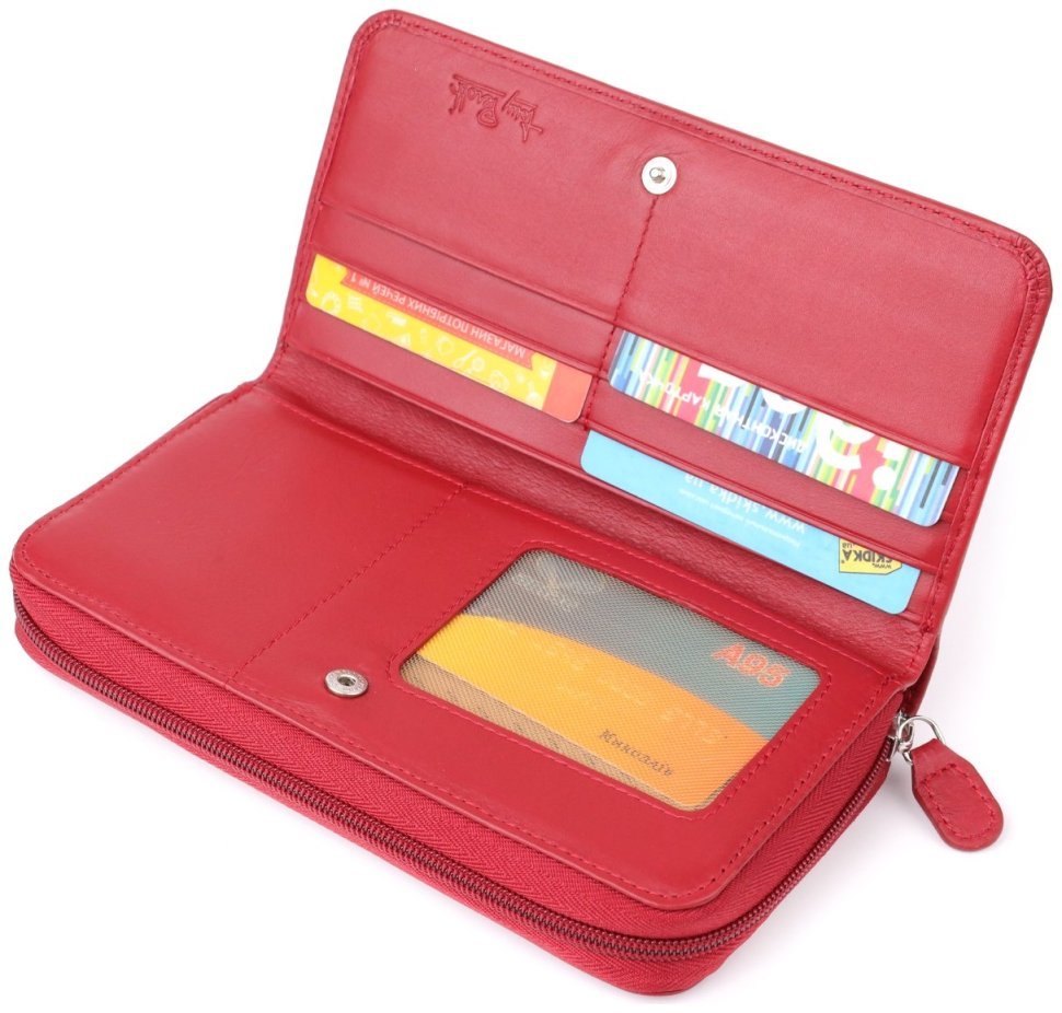 Большой кожаный кошелек для женщин с отделением для карточек на кнопке и для купюр на молнии Tony Perotti красного цвета 108526 modnotak фото №6