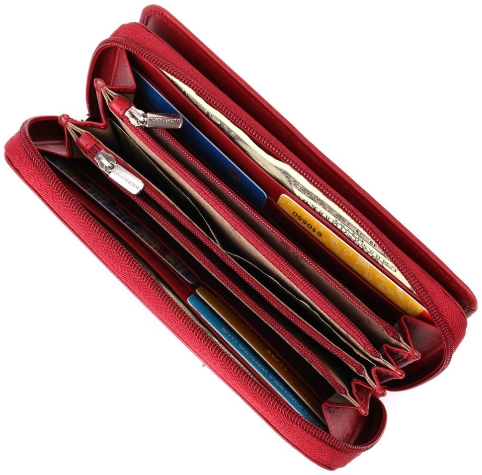 Большой кожаный кошелек для женщин с отделением для карточек на кнопке и для купюр на молнии Tony Perotti красного цвета 108526 modnotak фото №8