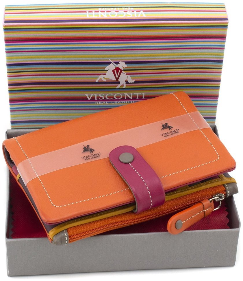 Оранжевый женский кошелек из натуральной кожи высокого качества с эффектной светлой строчкой Visconti Malabu 68826