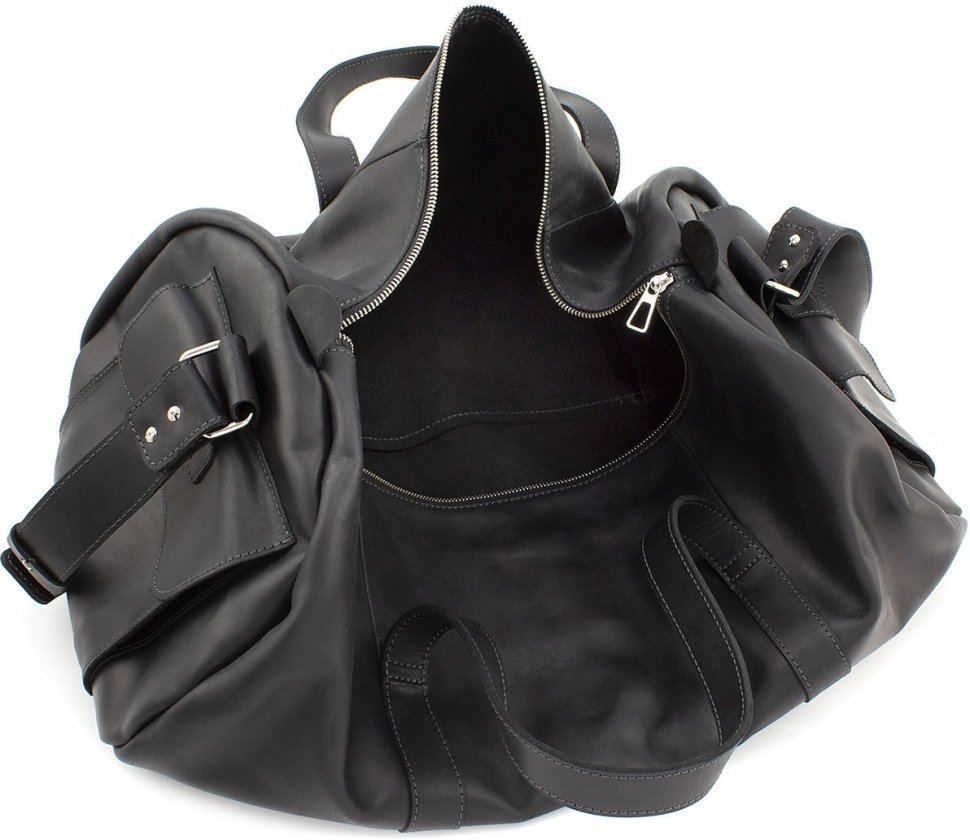 Черная дорожная сумка из винтажной кожи итальянского производства Grande Pelle (15486)