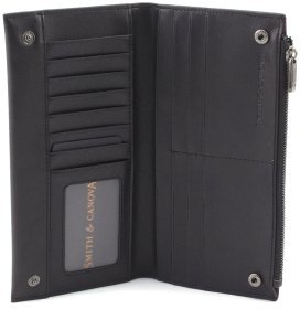 Шкіряний жіночий купюрник чорного кольору на кнопках Smith&Canova Jensen 69726