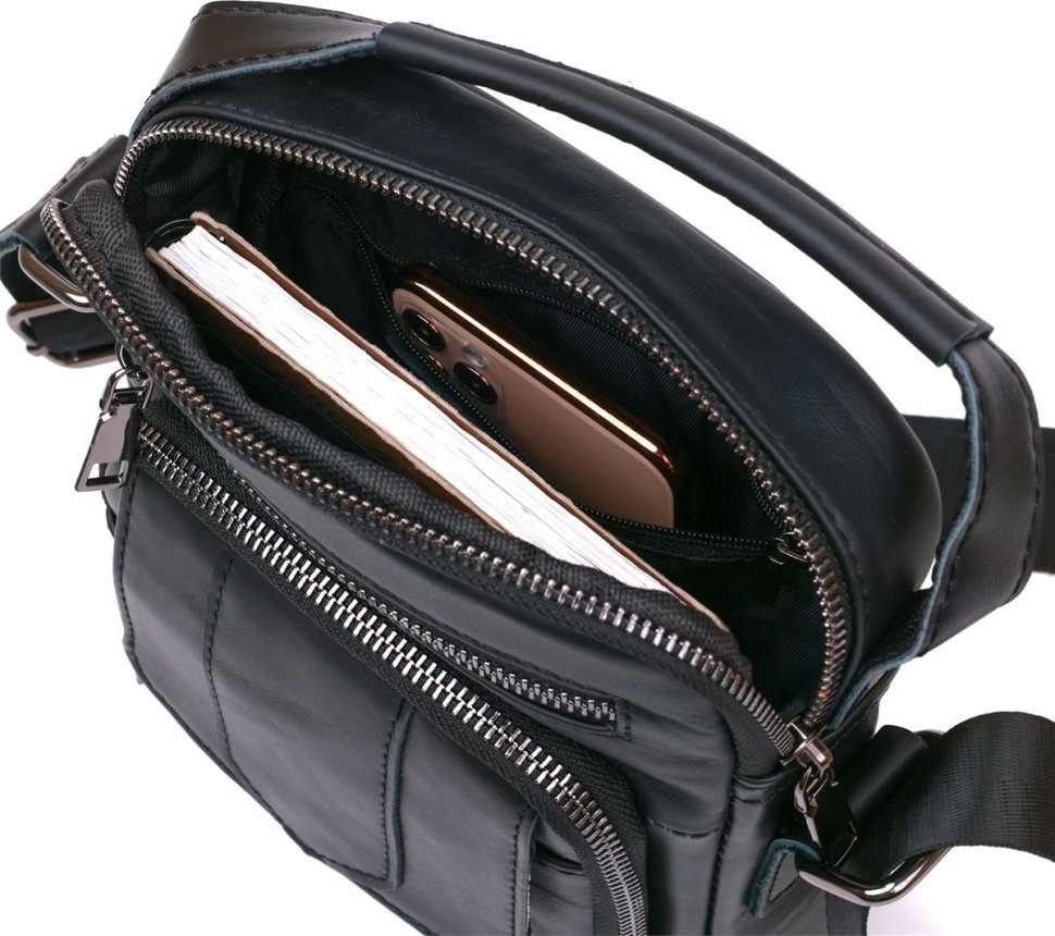 Чорна чоловіча компактна сумка-барсетка з натуральної шкіри на змійці Vintage (20692)