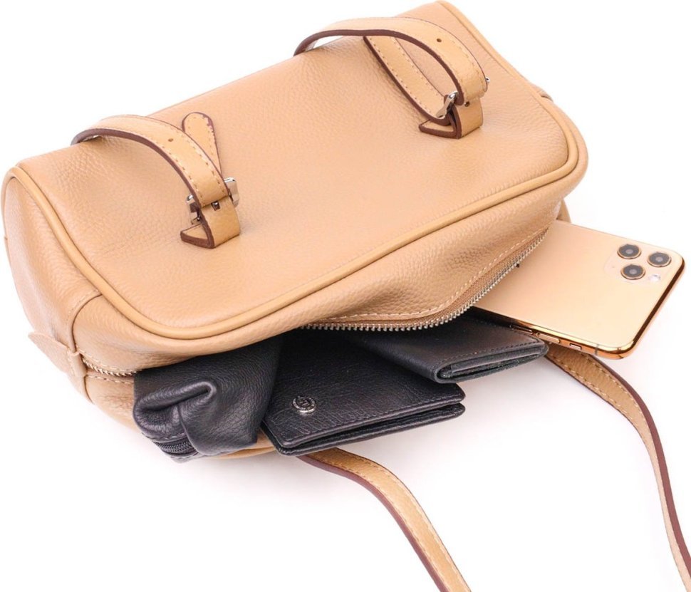 Стильна жіноча сумка з натуральної шкіри бежевого кольору зі знімними ручками Vintage (2422077)