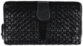 Большой женский кошелек из плетенной натуральной кожи с отделением на молнии Ashwood D84 94427 (Черного цвета)