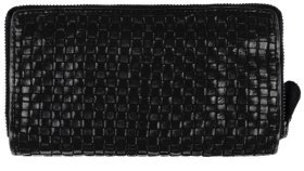 Большой женский кошелек из плетенной натуральной кожи с отделением на молнии Ashwood D84 94427 (Черного цвета)