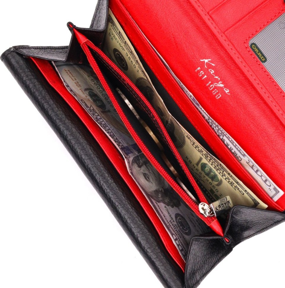 Класичний жіночий гаманець із натуральної шкіри чорно-червоного кольору на два відділи KARYA (2421013)