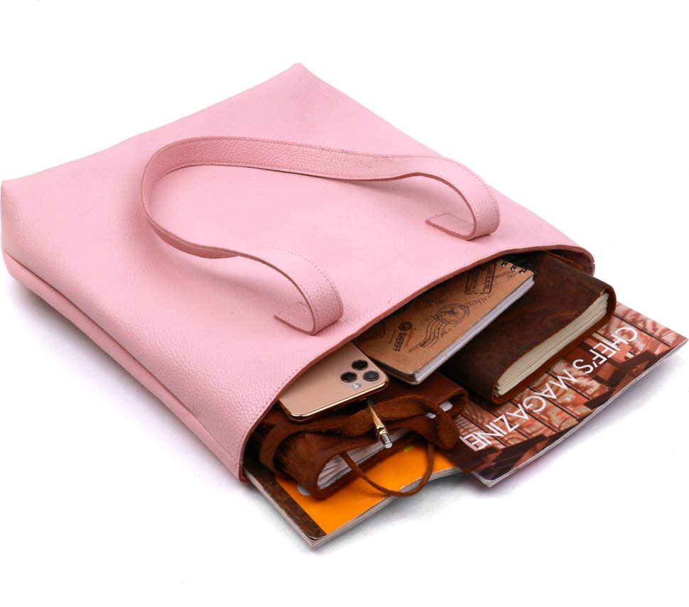 Розовая женская сумка-шоппер из натуральной кожи с длинными ручками Shvigel (16356)
