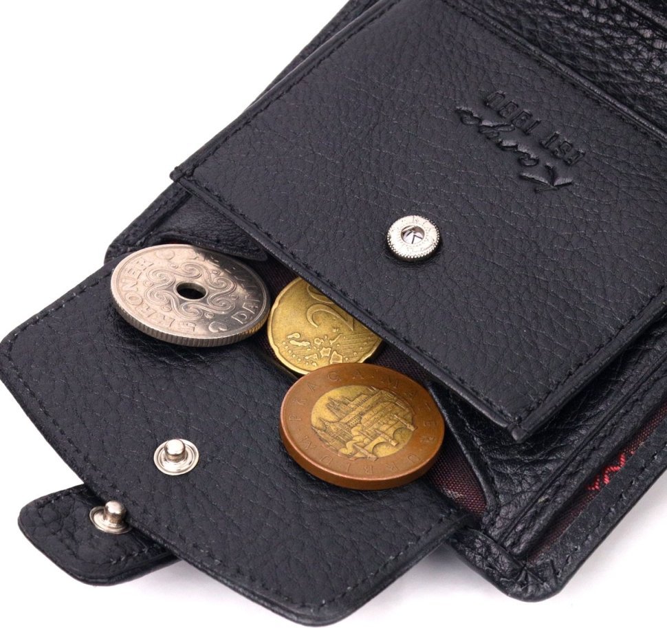 Функциональное мужское портмоне из черной зернистой кожи на кнопке KARYA (2421329)