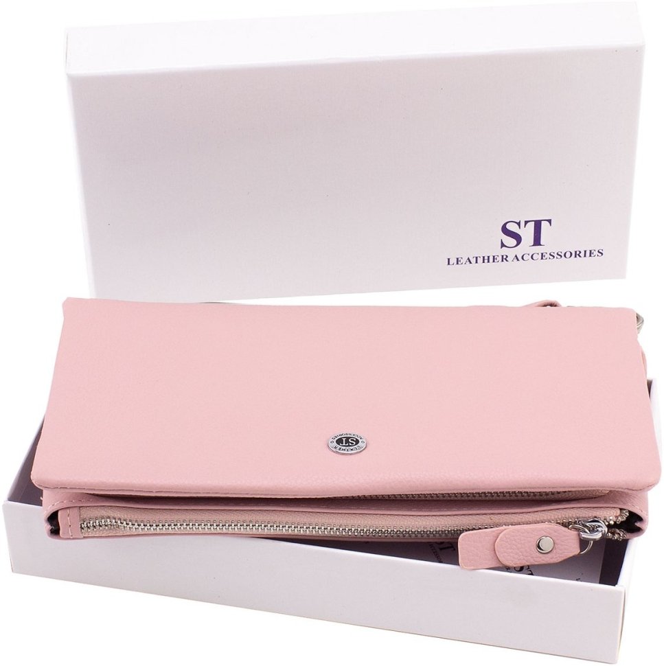 Жіночий рожевий гаманець з натуральної шкіри на дві блискавки ST Leather 1767427