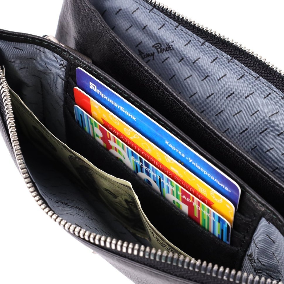 Повседневный клатч из фактурной кожи черного цвета со съемным блоком для карт Tony Perotti 108527 modnotak фото №8