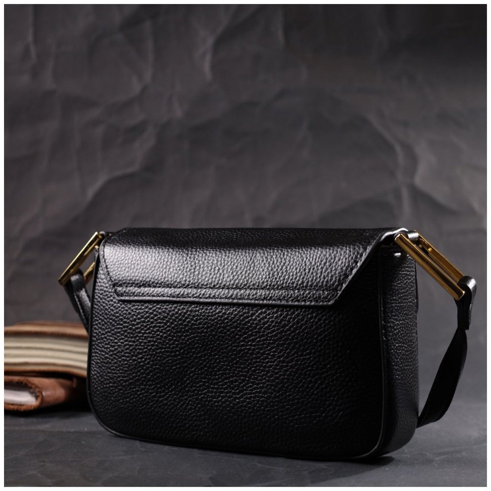 Чорна жіноча плечова сумка горизонтального типу з фактурної шкіри Vintage 2422391