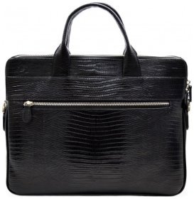 Місткий чоловічий портфель із натуральної шкіри під рептилію в чорному кольорі Desisan 81728