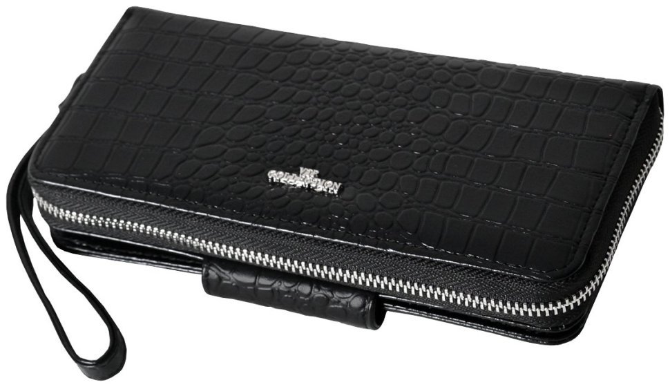 Шкіряний клатч на блискавці з фактурою під крокодила Vip Collection 102628 (чорний) modnotak фото №1