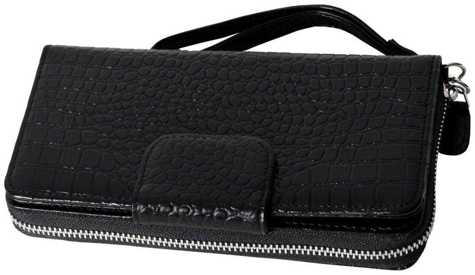 Шкіряний клатч на блискавці з фактурою під крокодила Vip Collection 102628 (чорний) modnotak фото №2