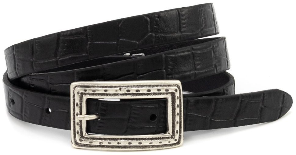 Женский узкий кожаный ремень под кожу крокодила Leather Collection 21207 черный modnotak фото №1