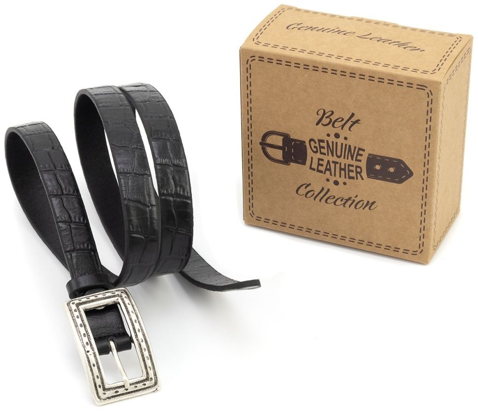 Женский узкий кожаный ремень под кожу крокодила Leather Collection 21207 черный modnotak фото №5