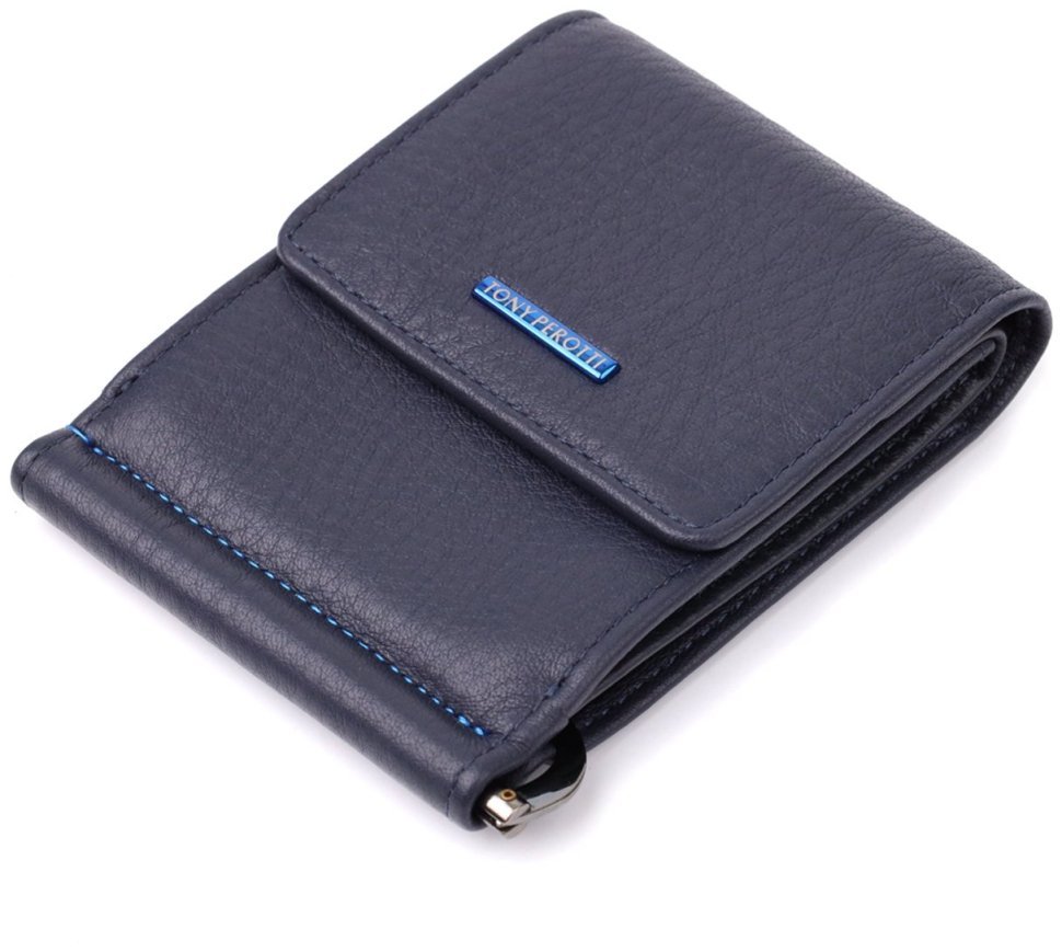 Мужской зажим с монетницей из натуральной кожи синего цвета Tony Perotti 103328 Италия modnotak фото №5
