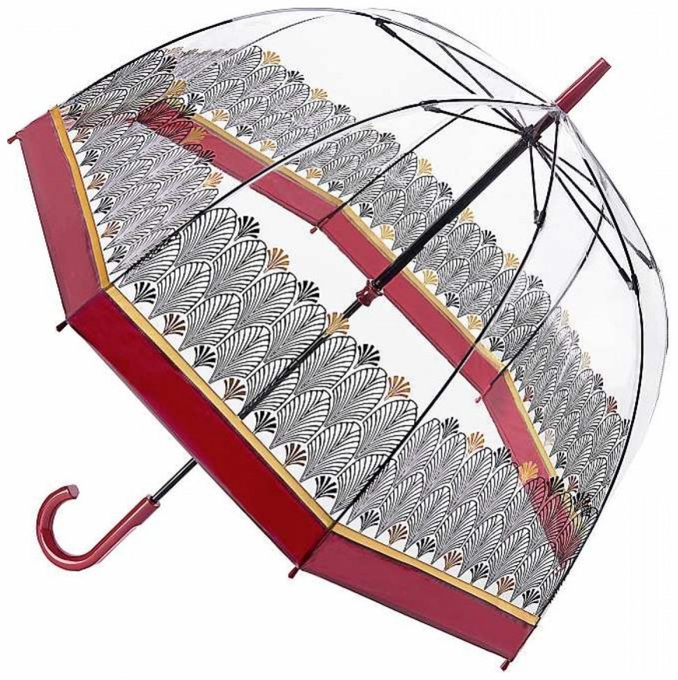 Зонт женский Fulton L042 Birdcage-2 Art Deco (Трость, механика, прозрачный с акцентной красной полосой и принтом) 94128 modnotak фото №1