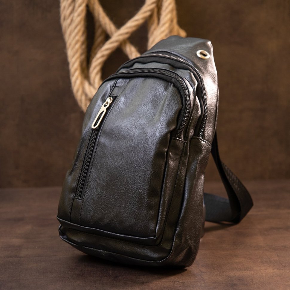 Чорна чоловіча сумка-слінг із шкірзамінника Vintage (20511)