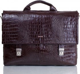 Чоловічий портфель під документи з коричневої шкіри з фактурою під крокодила DESISAN (19119)
