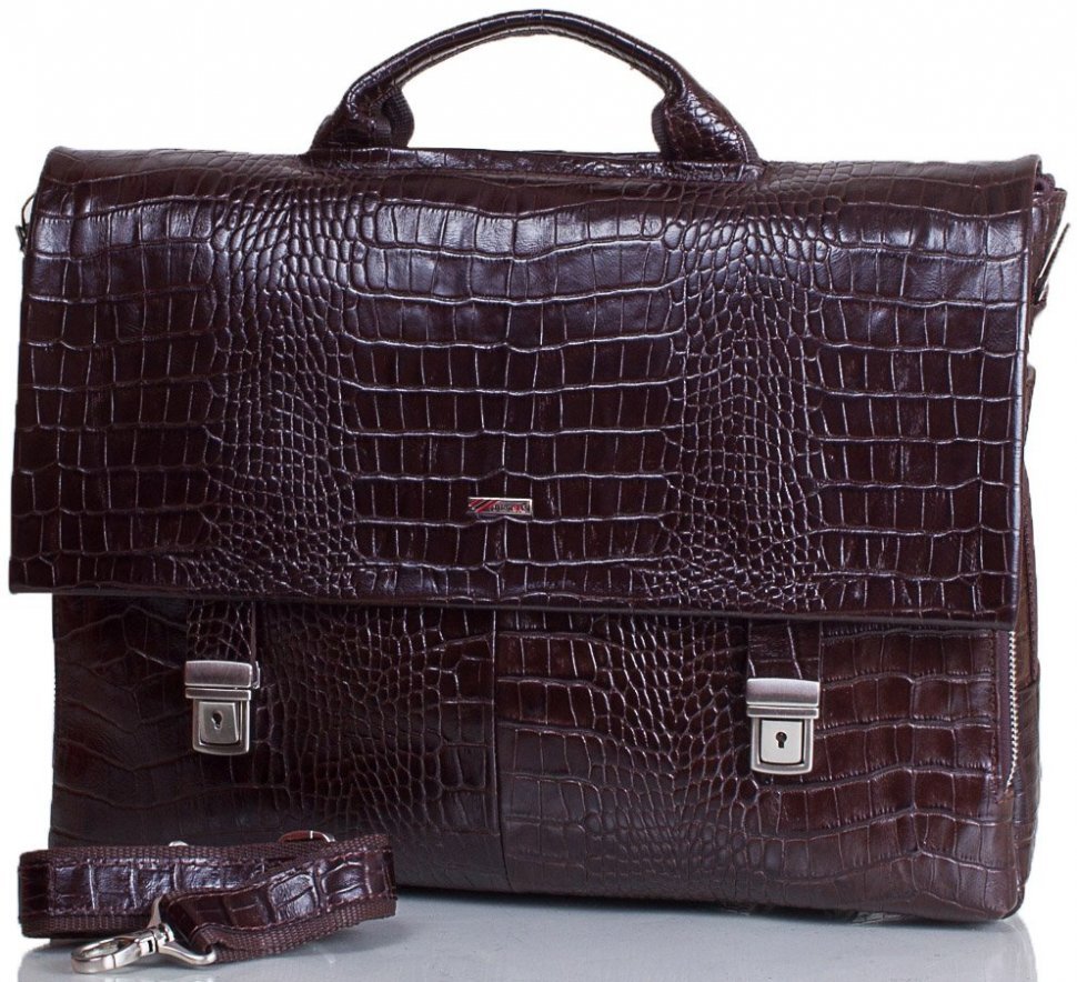Мужской портфель под документы из коричневой кожи с фактурой под крокодила DESISAN (19119)