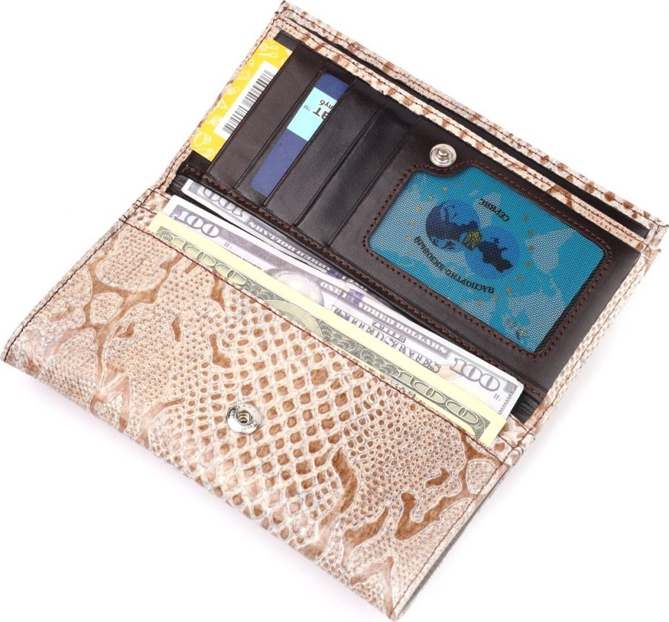Жіночий гаманець бежевий з натуральної шкіри під змію на два відділи KARYA (2421014)