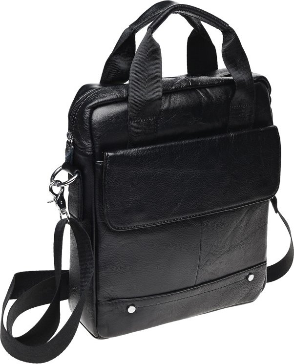 Чоловіча сумка середнього розміру з натуральної чорної шкіри з ручками Borsa Leather (21396)