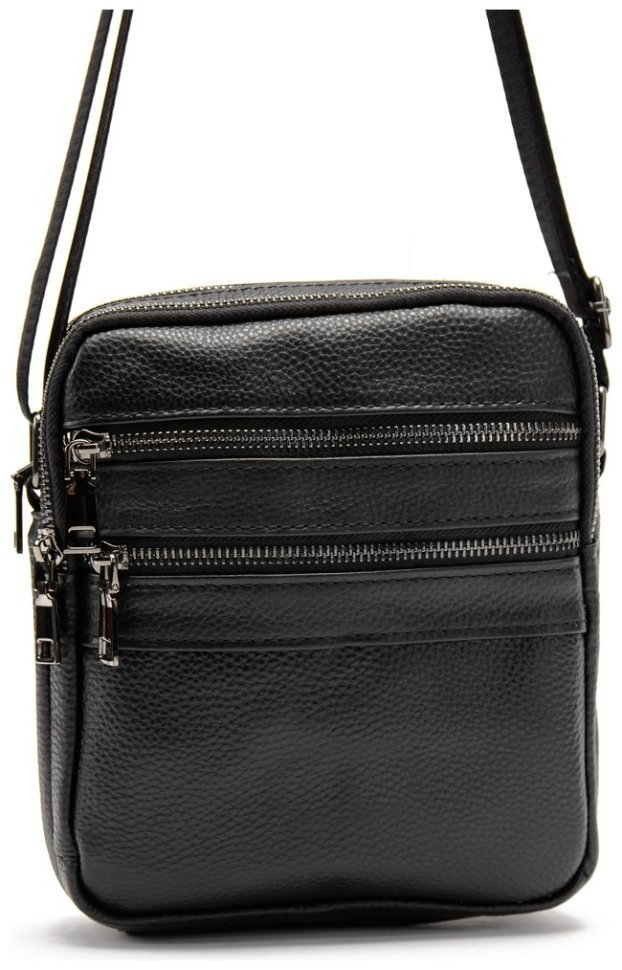 Маленька чоловіча сумка на плече із фактурної шкіри чорного кольору Tiding Bag 77528