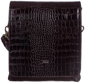 Кожаная мужская сумка планшет из натуральной кожи с текстурой под крокодила DESISAN 107628 коричневая