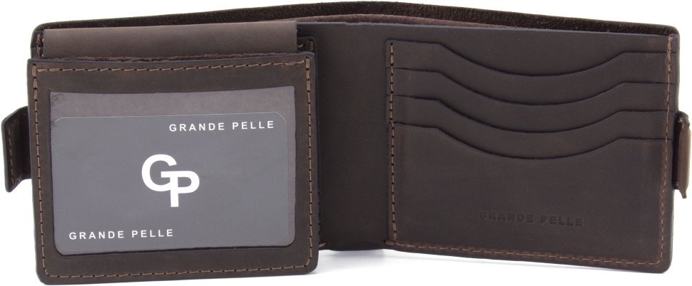 Чоловічий портмоне з вінтажної шкіри шоколадного кольору без монетниці Grande Pelle 67828