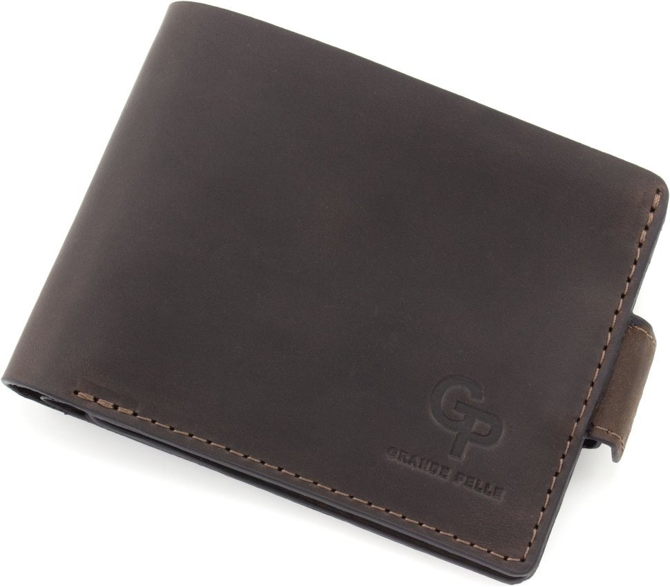 Чоловічий портмоне з вінтажної шкіри шоколадного кольору без монетниці Grande Pelle 67828