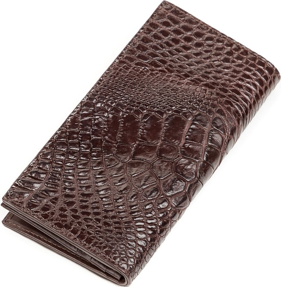 Вертикальне портмоне з крокодилової шкіри коричневого кольору CROCODILE LEATHER (024-18266)
