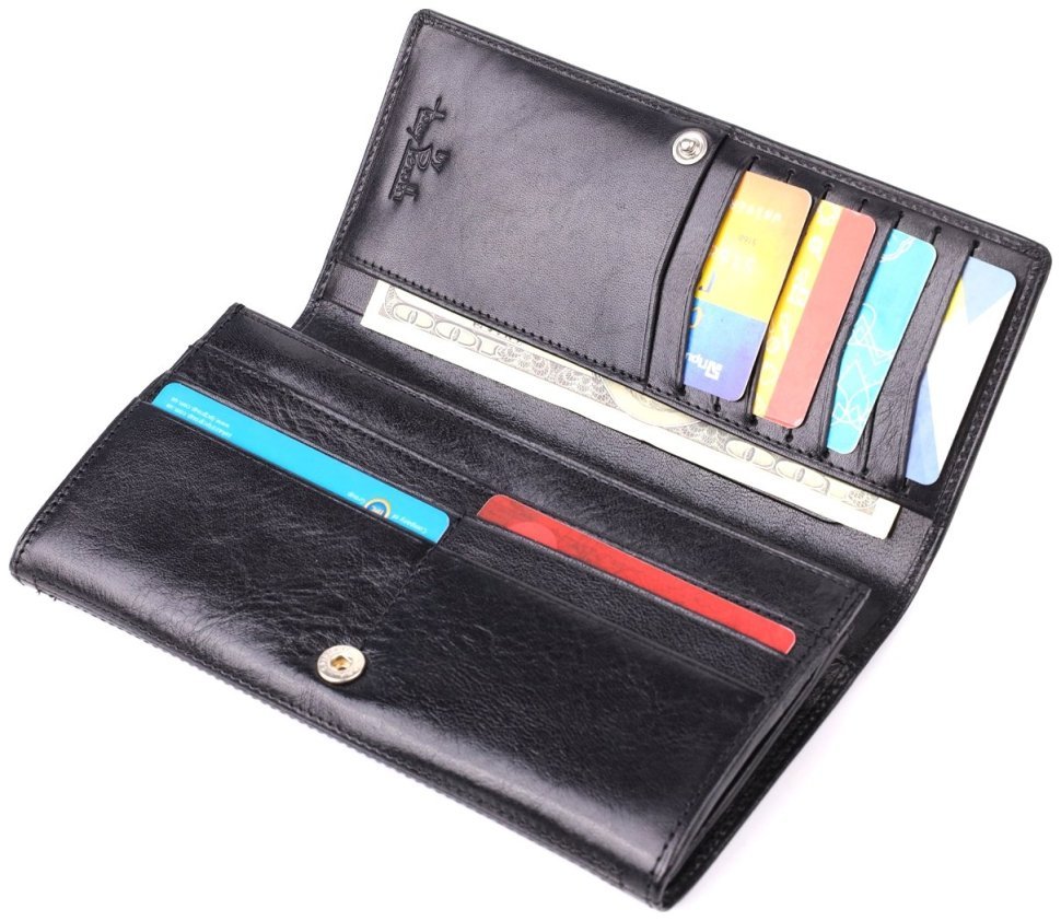 Женский вместительный кошелек из гладкой кожи на кнопке Tony Perotti черного цвета 108528 modnotak фото №7